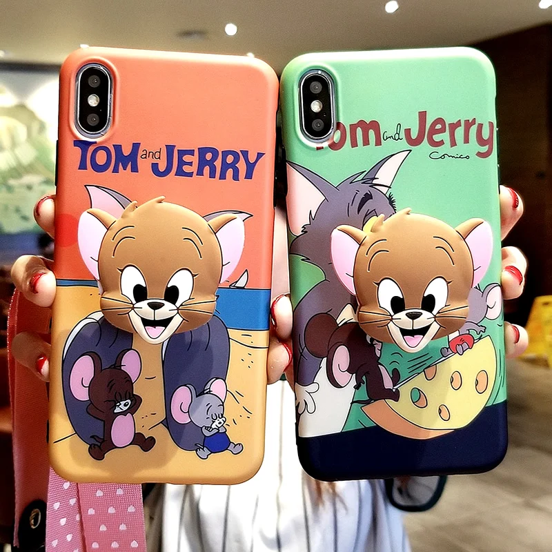 Tom & Jerry case for iPhone X/XS Max XR cute cat mouse silicone cover 7/8 plus soft shell for iPhone 6 6s+ airbag holder + strap