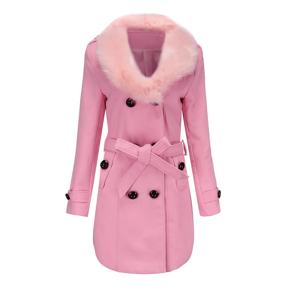 Зимнее женское длинное шерстяное пальто с меховым воротником, шерстяное пальто, тренчкот, однотонное пальто с длинным рукавом, верхняя одежда - Цвет: Pink