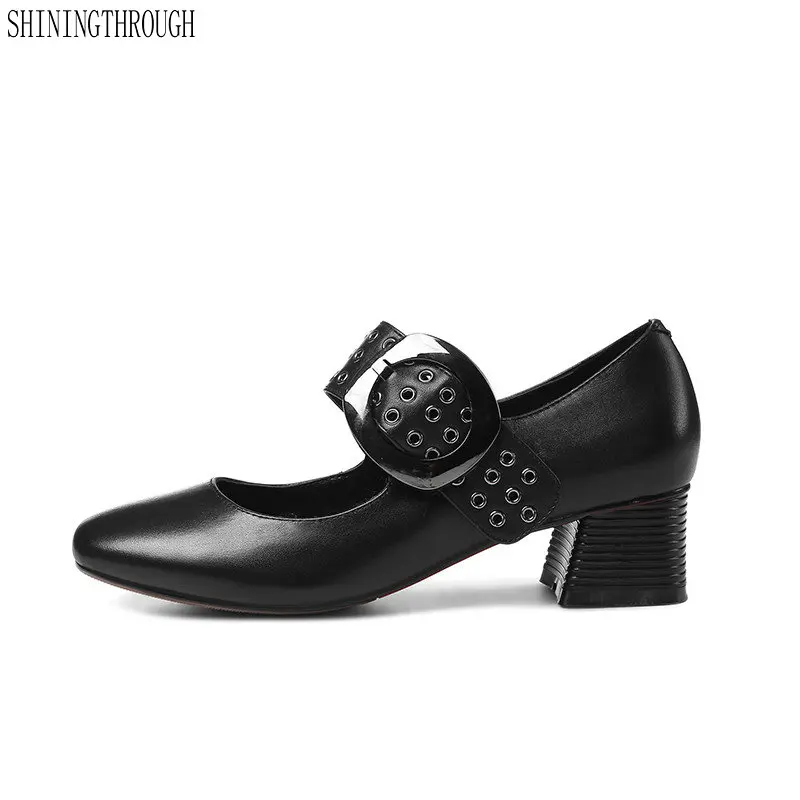 

2019 New Women Pumps Black High heels Lady cow leather mary janes Thick with Autumn Single Shoes Female