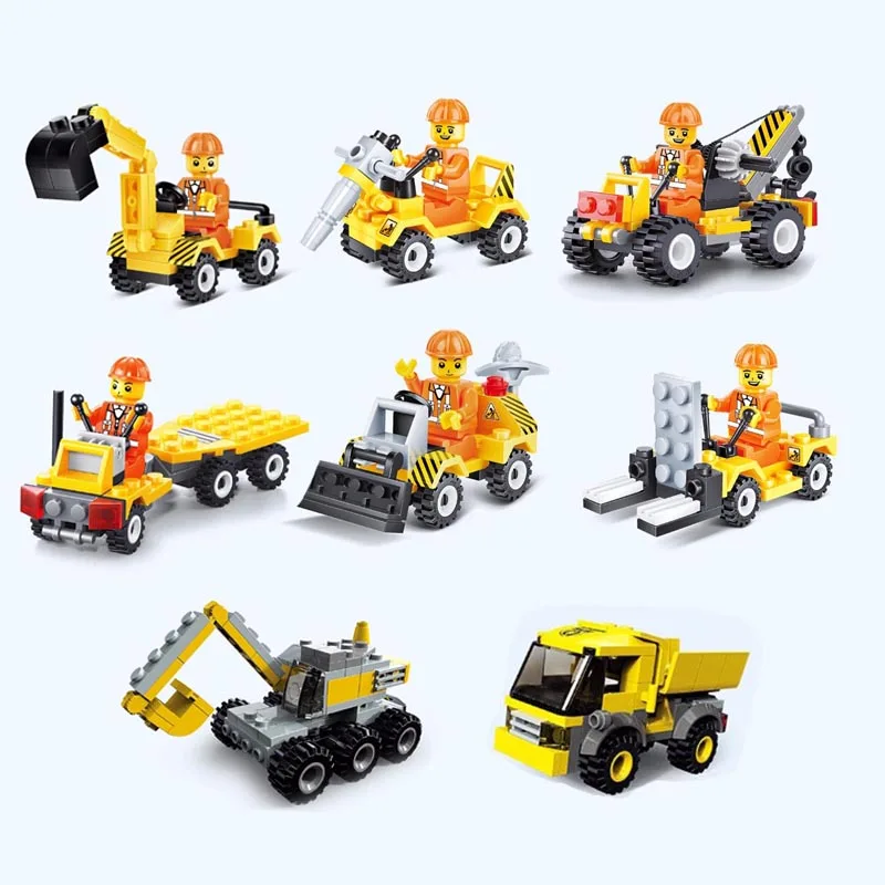 

Construction vehicle Bulldozer Excavator Forklift Crane Building Blocks LegoINGlys Minifigure Cars Toys For Children