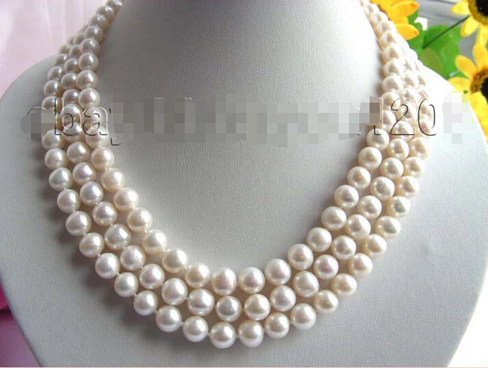 

FREE SHIPPING 3rows Genuine Natural 9mm White Round Pearl Necklace!