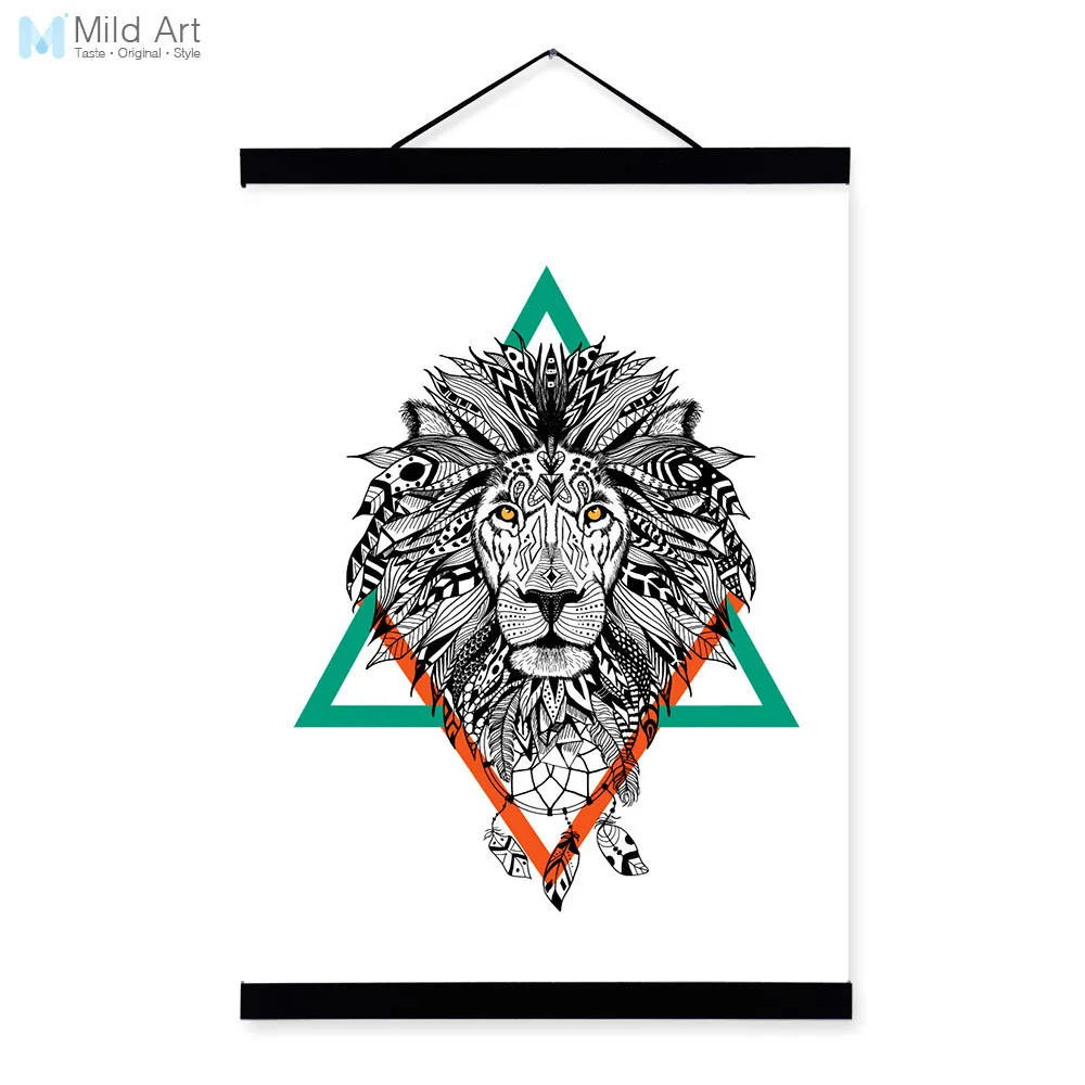 Singa Grafis Kuno Indian Hewan Hitam Putih A4 Kayu Framed Kanvas