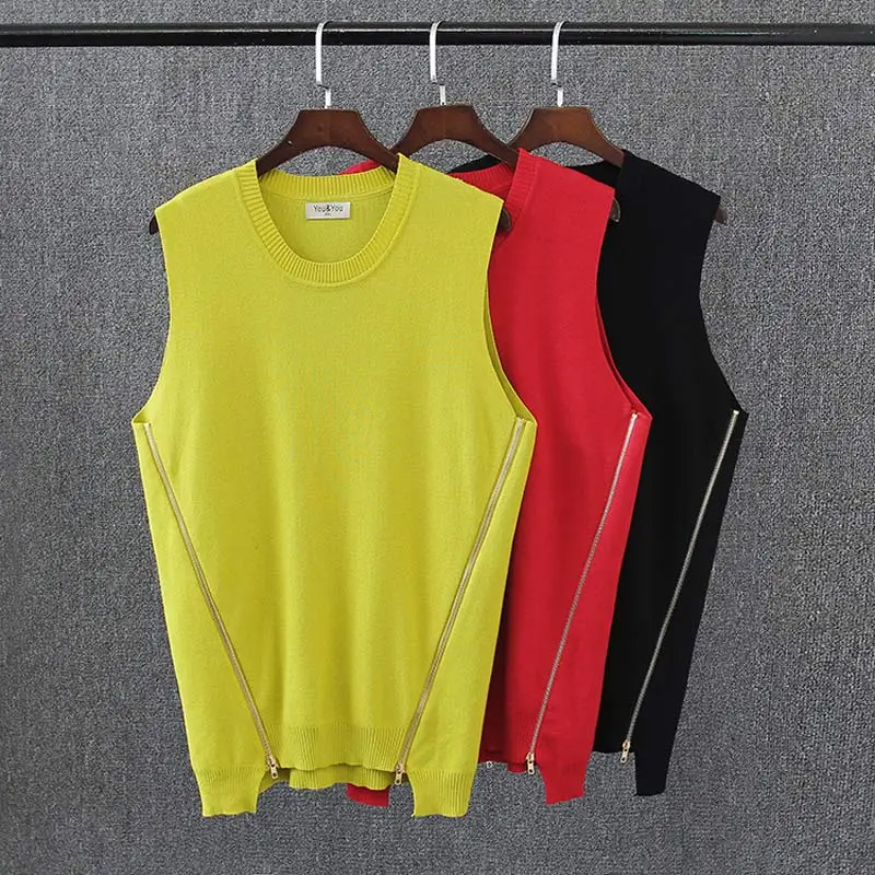 

E2 Spring Casual Women knitting Vests 4XL Plus Size Clothes Fashion ZIPPER sleeveless pullover Sweaters 3109