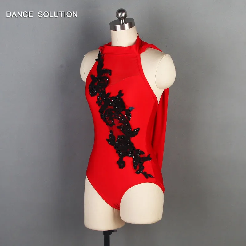 19617 лайкра Красный трико с эластичной сеткой драпированный клобук Лирический и современный танец платье женщины и девушки Практика танцевальная одежда 4 цвета