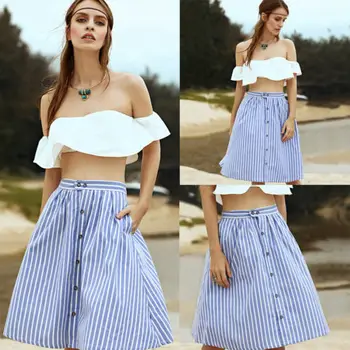 

2018 New Women A-Line Stripe Single-Breasted High Waist Skater Flared Skirt Size S-XL