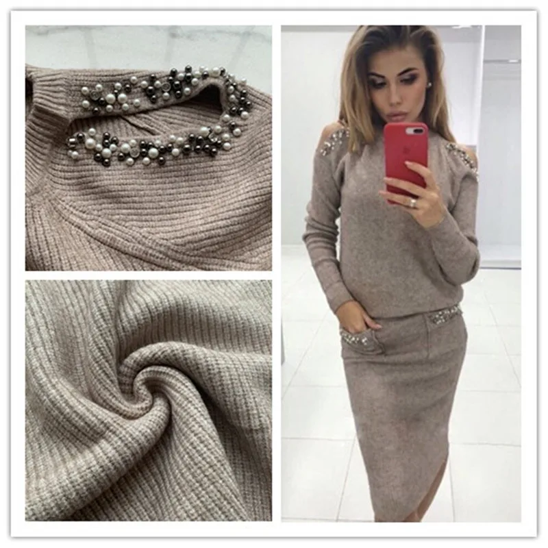 Tanie 2019 Bleading sweter damskie garnitury moda Shoulder Off Sleeve sweter z dzianiny i spódnica dwuczęściowy zestaw damski damski garnitur oficjalny