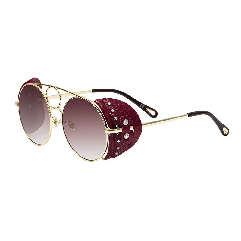 Ретро Круглые Солнцезащитные очки в стиле стимпанк женские мужские итальянские брендовые дизайнерские солнцезащитные очки из искусственной кожи с заклепками двойные металлические очки UV400 - Цвет линз: brown