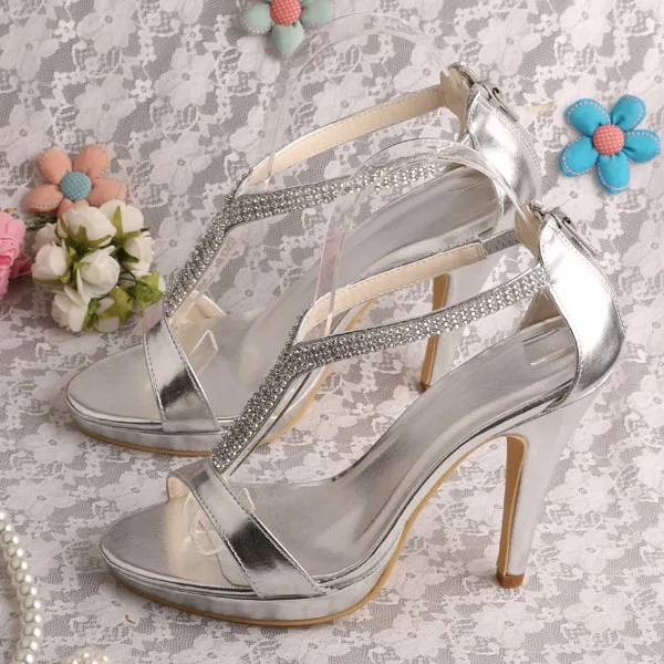 

Wedopus  Customized Wedding Shoes High Heels Crystal Sandals Silver PU Prom Sandals