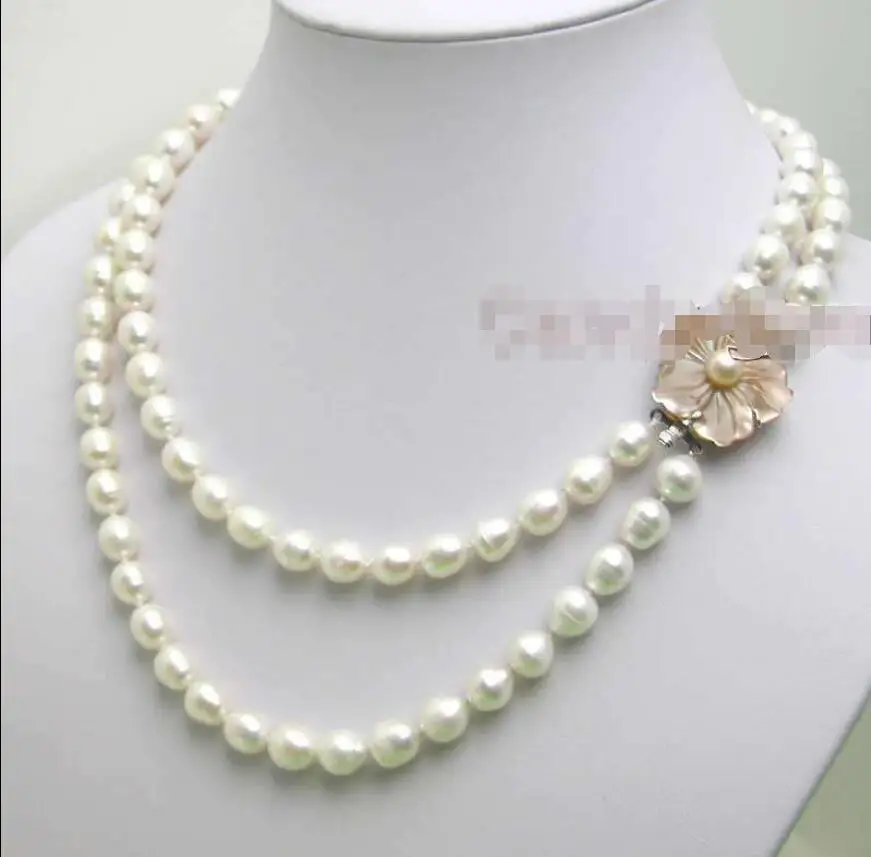 

Free Shipping >>>> SALE 7-9MM Rice WHITE natural PEARL 3 Strands NECKLACE & SHELL FLOWE Clasp-n5203