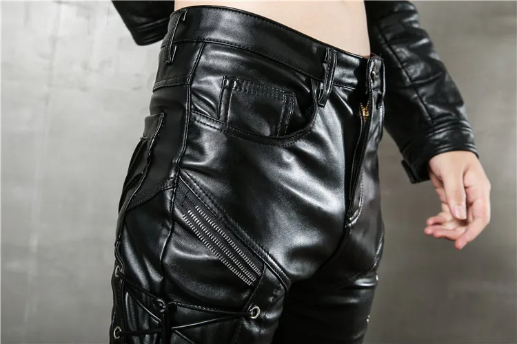 New Fashion Personality 2018 Men Pu Faux Leather Skinny Pants Motorcycles Appliqued Leather Trousers For Male Size 29-36 (8)