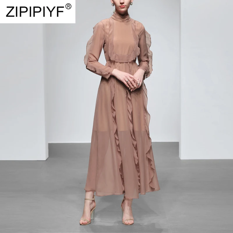 Elegant Ruffles Long Party Dress Women 2019 Spring High Quality Sleeve Stand Collar Runway Female vestido C2011 | Женская одежда