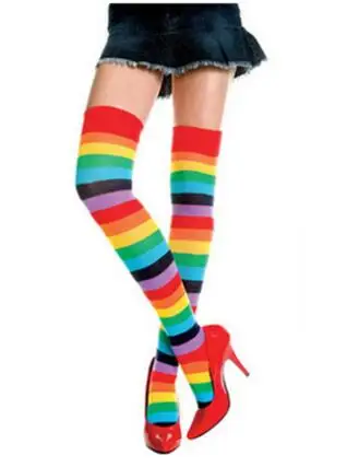 

2019 Women's Long Stockings Polyester Mixed Colored Rainbow Striped Knitted Girls Ladies Over the Knee Socks