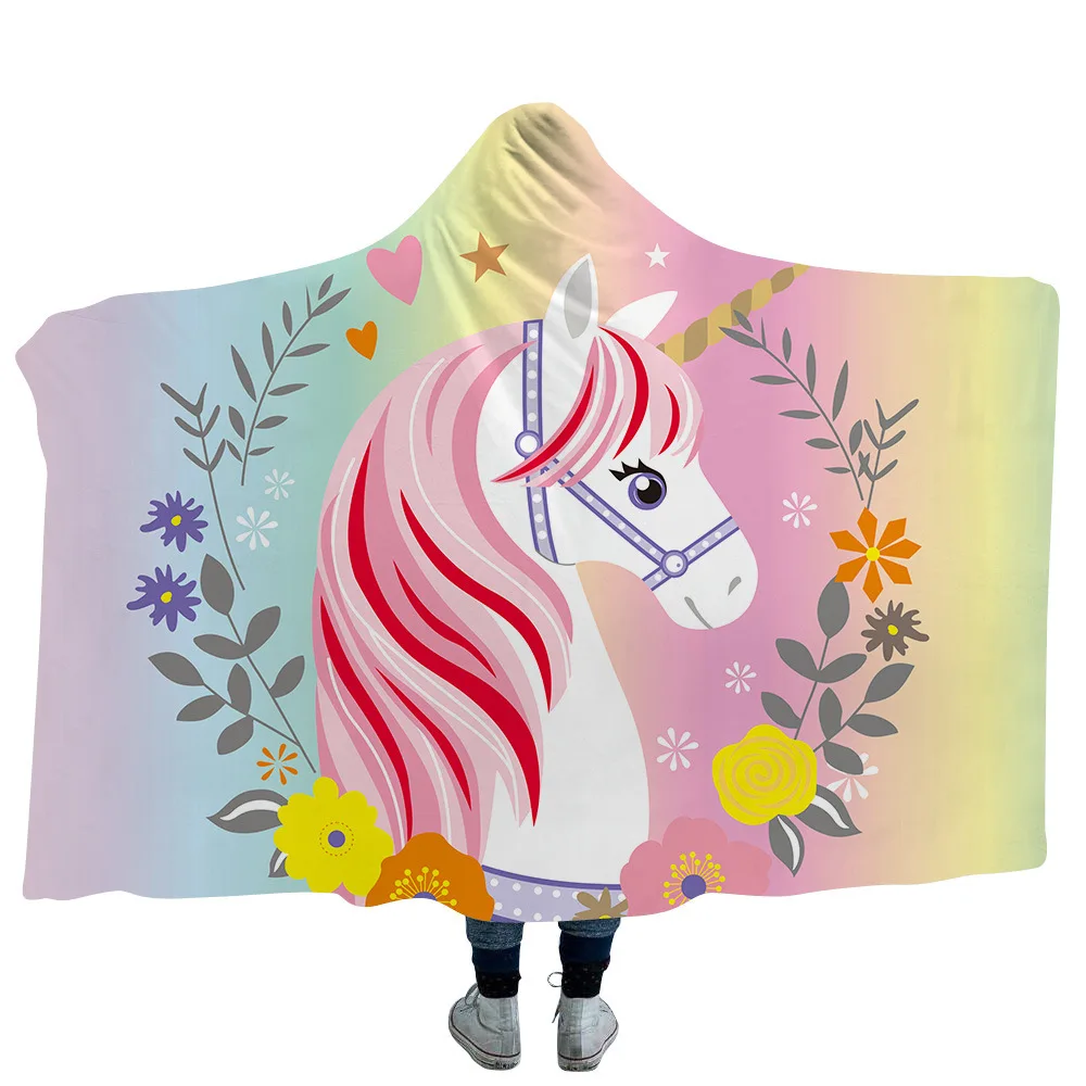 Единорог с капюшоном одеяло для взрослых детей мультфильм 3D печатное шерстяное одеяло носимое теплое одеяло для дома путешествия пикника