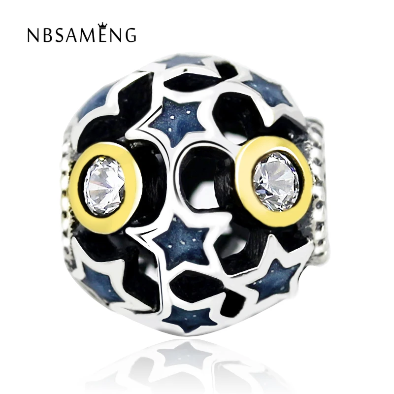 

Authentic 925 Sterling Silver Bead Charm Hollow Glaze Stars With Crystal Beads Fit Pandora Bracelet & Bangle DIY Jewelry