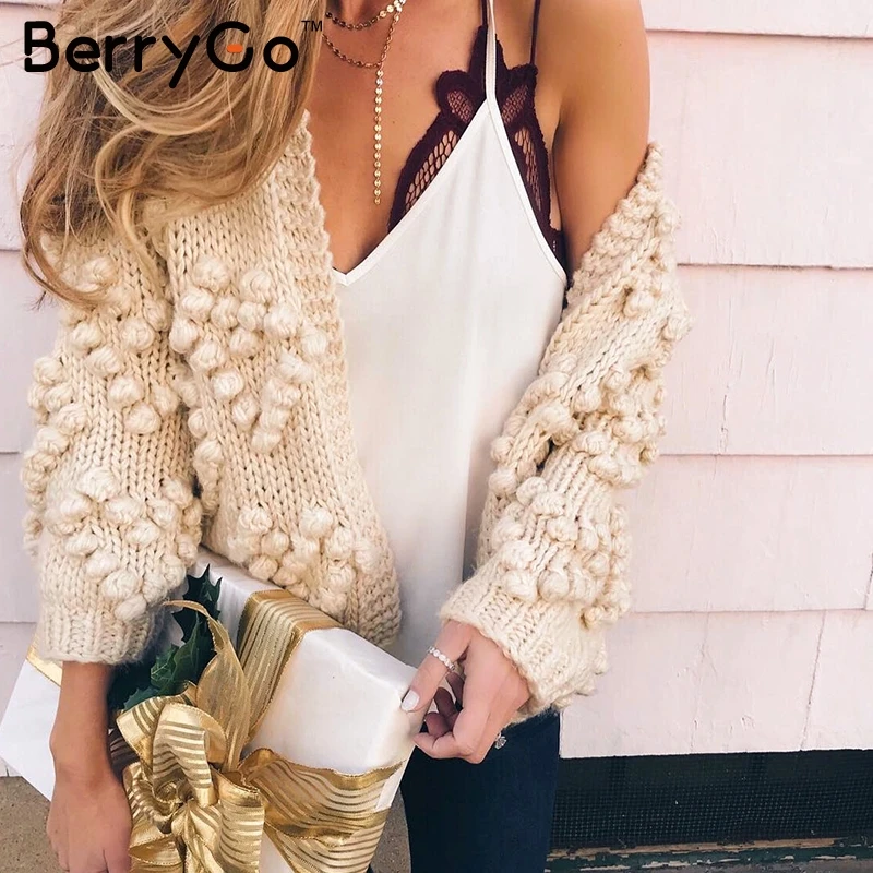 

BerryGo Hairball cute knitted women sweater Casual long sleeve pink female cardigan 2018 Autumn winter loose outerwear coats