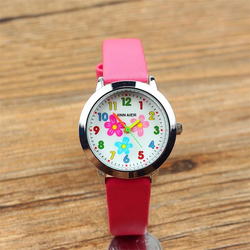 Красивые кварцевые часы с цветочным циферблатом для маленьких девочек, детские повседневные часы высокого качества с кожаным платьем, детские часы в подарок, Часы El reloj