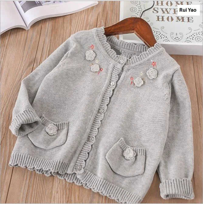 YGP32094648; осень ; Детский свитер для девочек; кардиган с вышитыми цветами; Верхняя одежда для детей; пальто в стиле Лолиты - Цвет: Серый