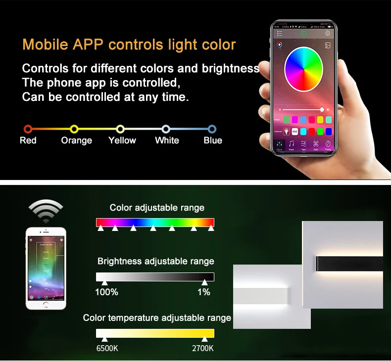 Прямоугольная светодиодная настенная лампа, бра, умный дом, RGB, с регулируемой яркостью, приложение, дистанционное управление, Bluetooth, лампа для спальни, зеркальный светильник для ванной комнаты ZBD0001