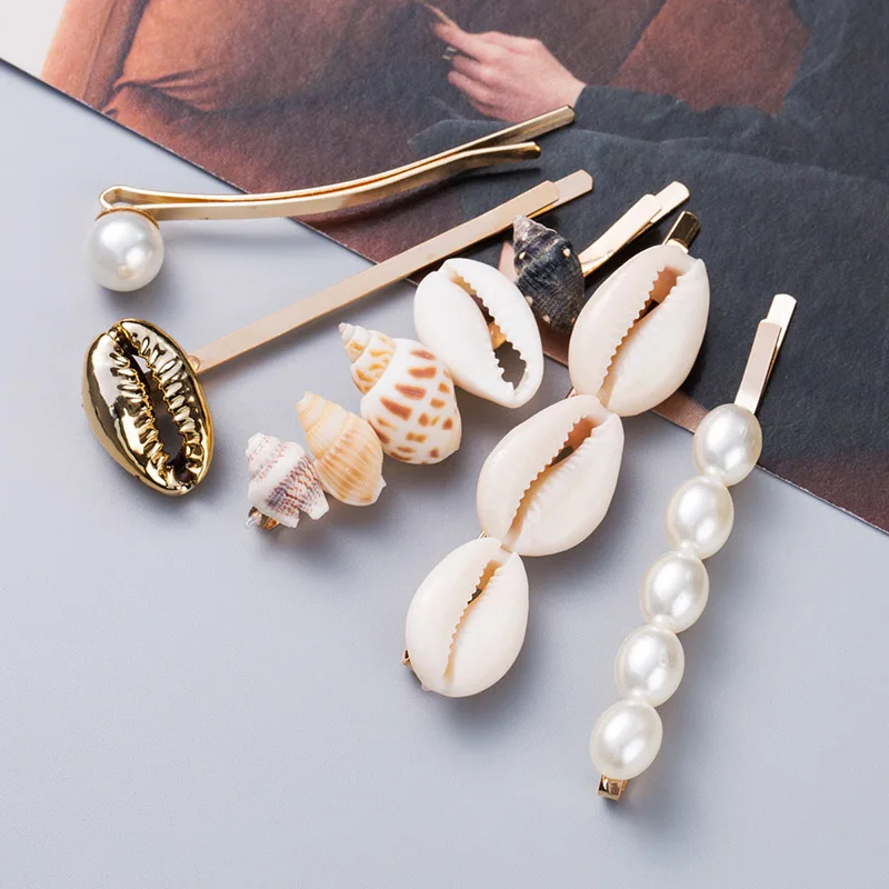 5pcs/set New Marine Style Metal Gold Shell Conch Pearl Hairpins Hair Clips for Women Hairgrip Beach Hair Accessories