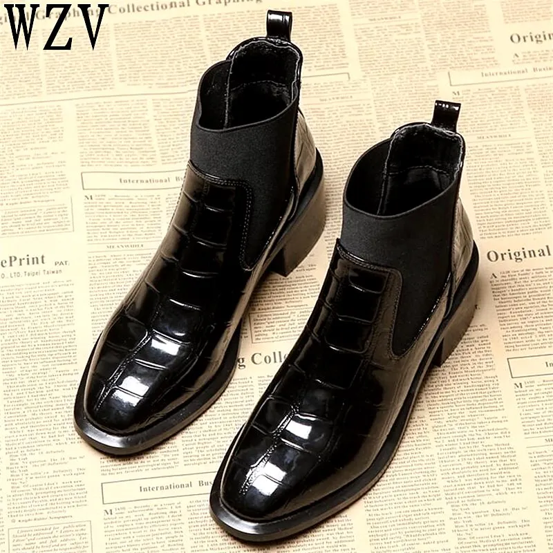 

Winter Boots women 2018 Black Ankle Boots For Women Thick Heel Slip On Ladies Shoes Martin Boots Feminina Chelsea boots E455