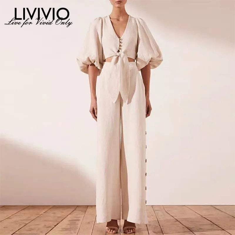 [LIVIVIO] винтажные однотонные женские костюмы с v образным вырезом кружевные буффы