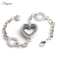Shuyani 10 шт./лот opendable памяти плавающей медальон браслет со стразами Стекло сердце медальон браслет для Для женщин