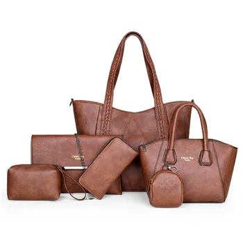 

Soft leather women composite bags 6 pieces set brown red pink handbags for female shell single shoulder bags for girls big tote