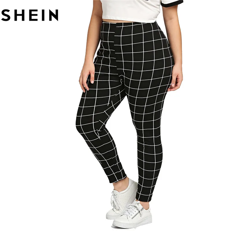 SHEIN черно белые клетчатые женские леггинсы размера плюс со средней талией осенне