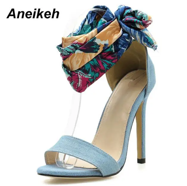 Blue Aneikeh/ элегантные летние женские босоножки из парусины на тонком высоком каблуке, шелковые шарфы с круглым носком и закрытой пяткой, свадебные туфли, цвет черный, синий, Размер 40 - Цвет: Blue