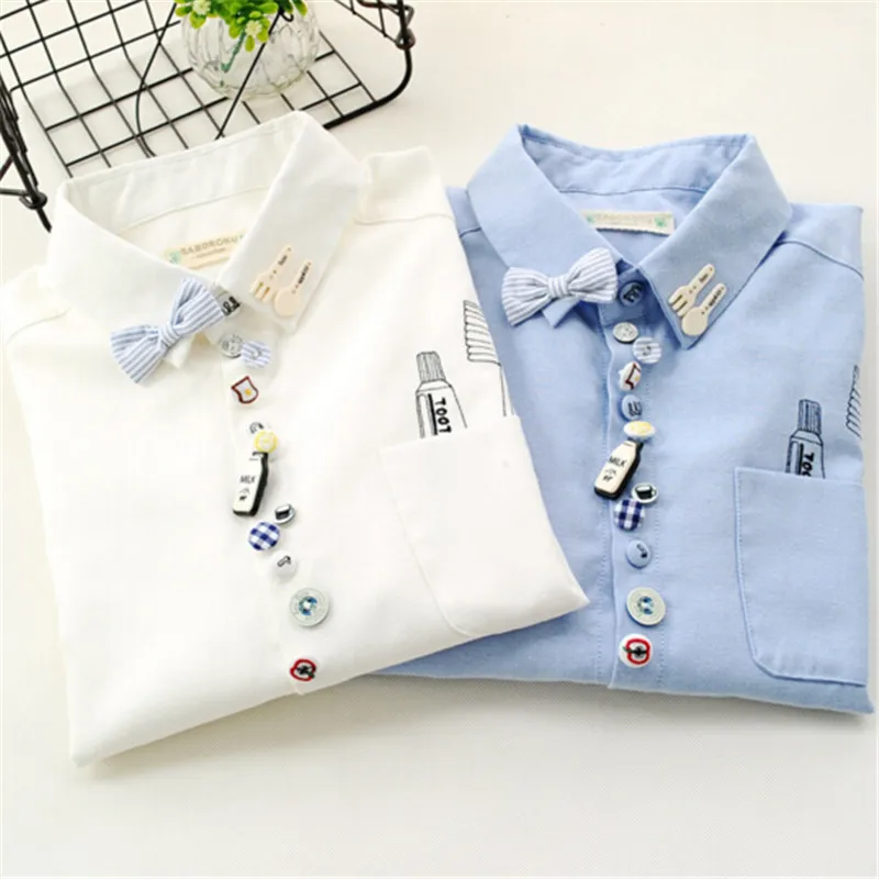 

Women fashion elegant school style Toothbrush print pocket button turn-down collar blouse bow shirt casual brand female ZY1025