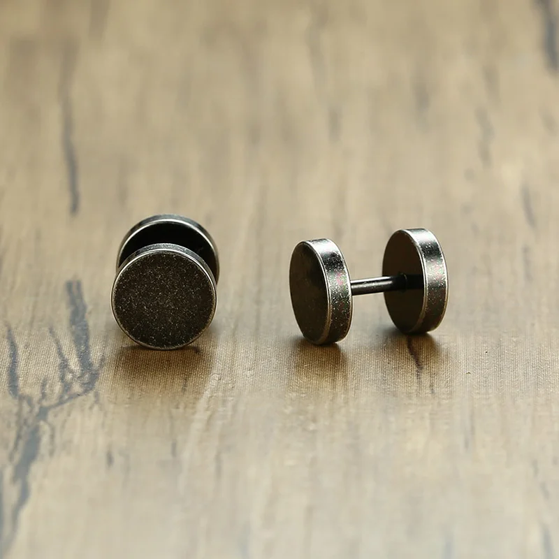 New Retro Gray Stud Earrings Stainless Steel Dumbbell Shape Hip Hop