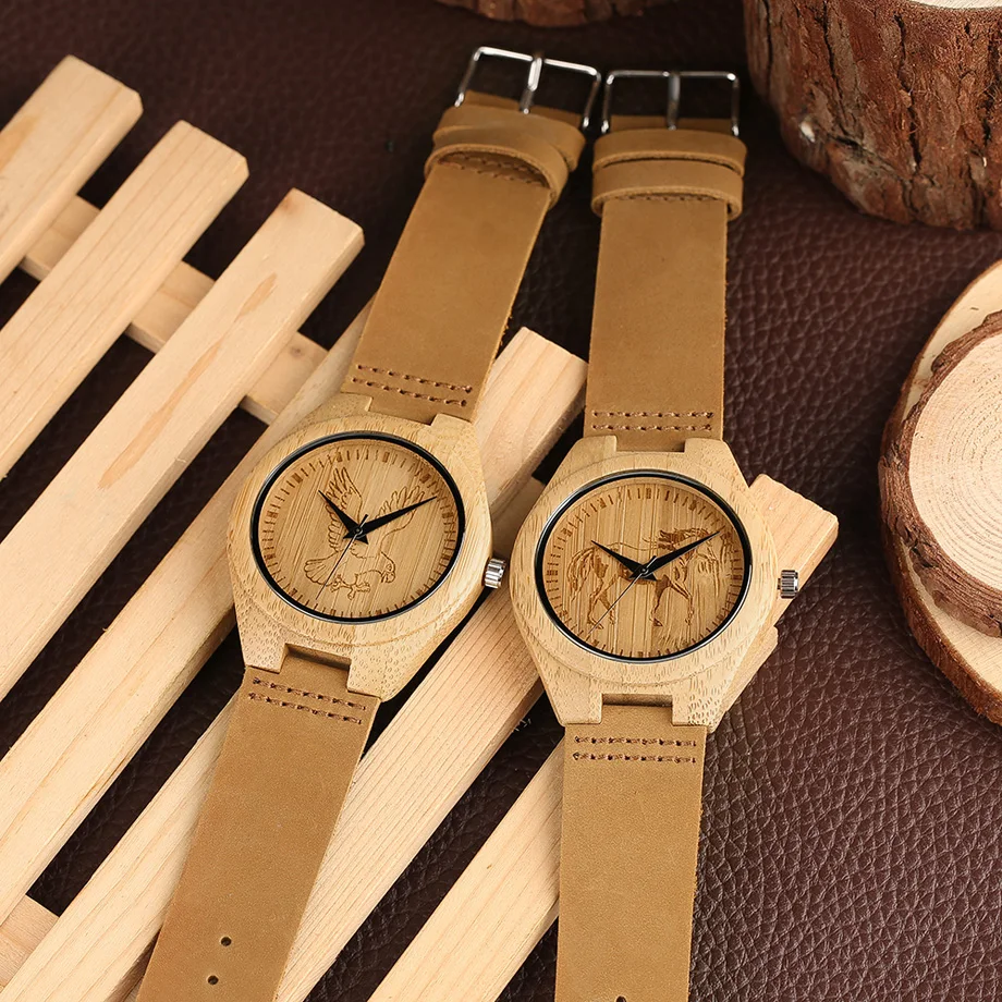 Men's Creative Watches Natural Hanmade Flying Eagle Running Horse Unique Wooden Bamboo Watch Male Genuine Leathe Pin Buckle      (13)