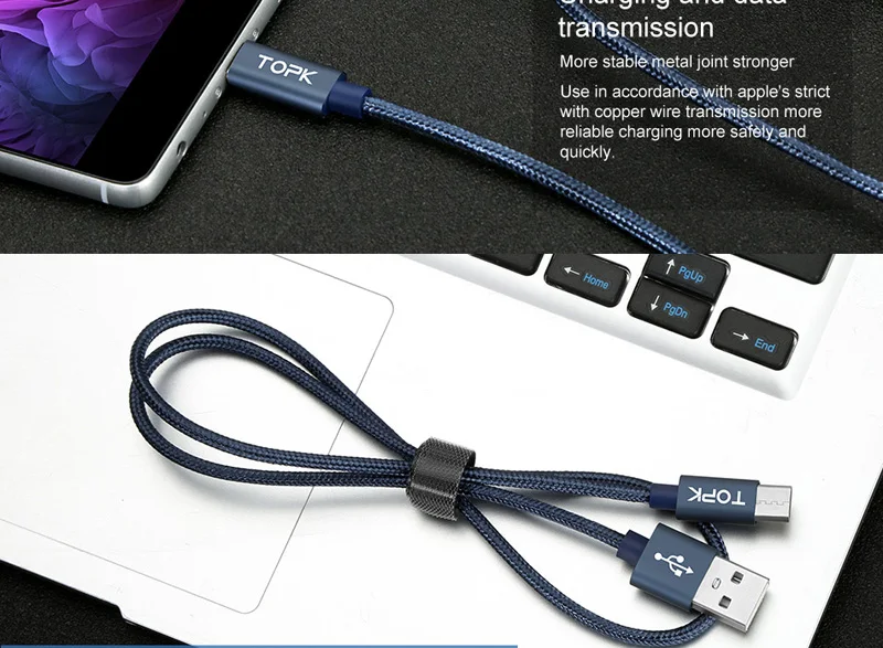 [3 шт. в упаковке] кабель TOPK usb type C с нейлоновой оплеткой корпус из алюминиевого сплава мягкий плетеный провод USB C кабель для устройств и разъемов type-C