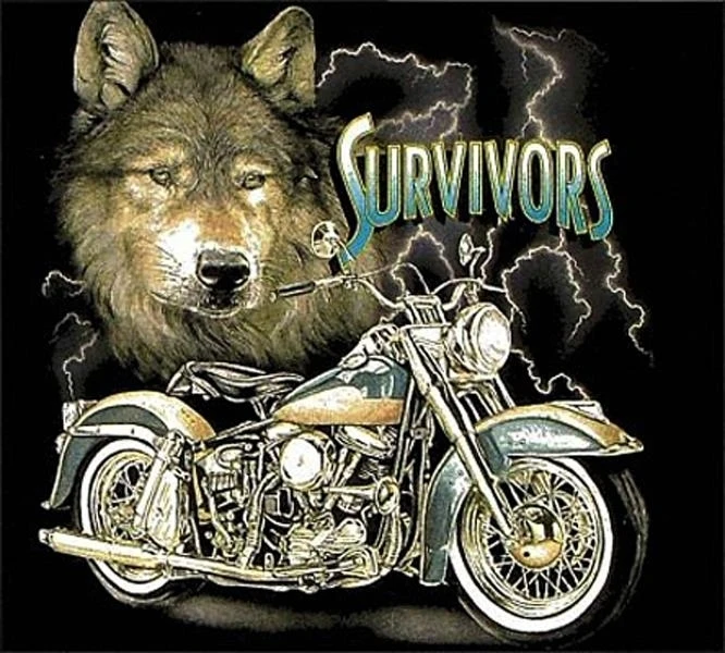 SURVIVORS WOLF & MOTORCYCE BIKE BLACK TEE SHIRT SIZE XL adult T11