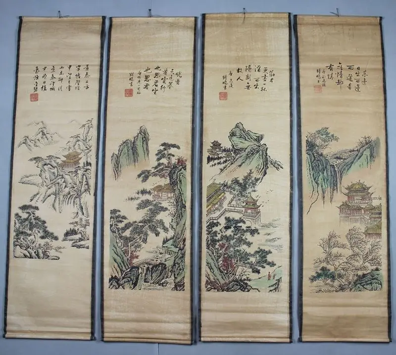 

China calligraphy Paintings Scrolls Chinese Painting VINTAGE TRADITIONAL CHINESE PAINTING LONG SCROLL FOUR SCREEN