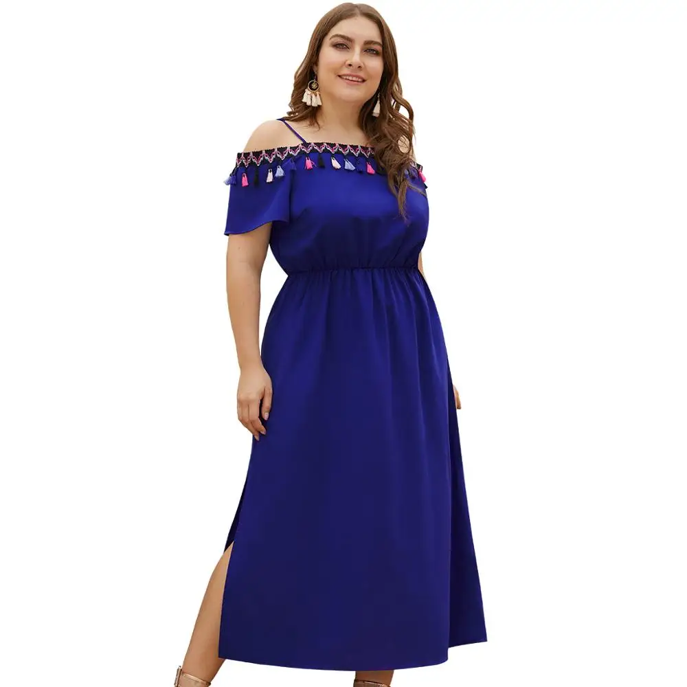 

Summer Plus Size 3XL 4XL Tassel Dress Women Strap Short Sleeve High Waist Backless Split Patchwork Party Sexy Dress Ladies Jurk