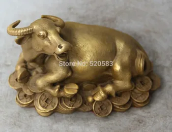 

WBY 6" Chinese pure Bronze Wealth YuanBao Money Bull Unicorn OX Oxen Animal Statue