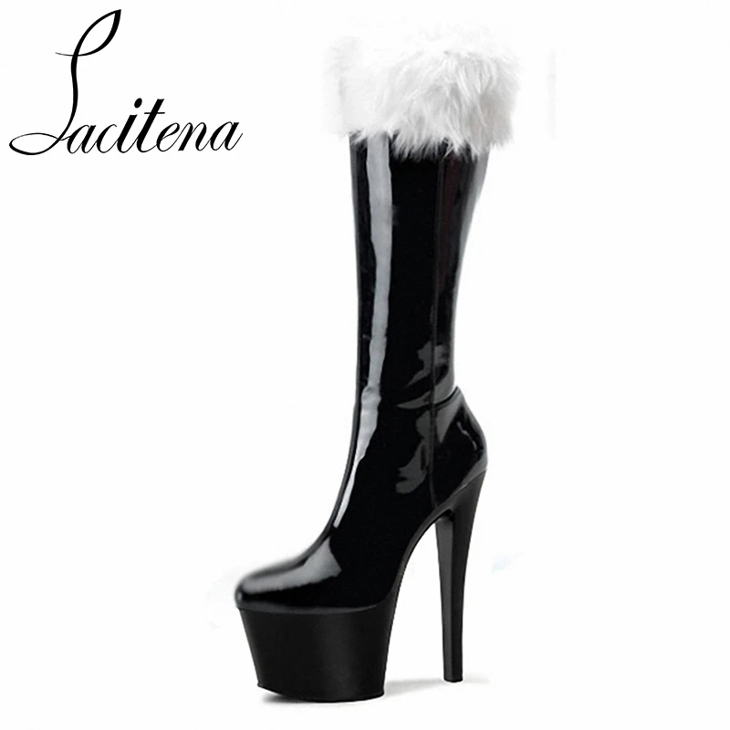 

Sexy Women Spring Faux Fur Pointed Toe Patent Leather Boots