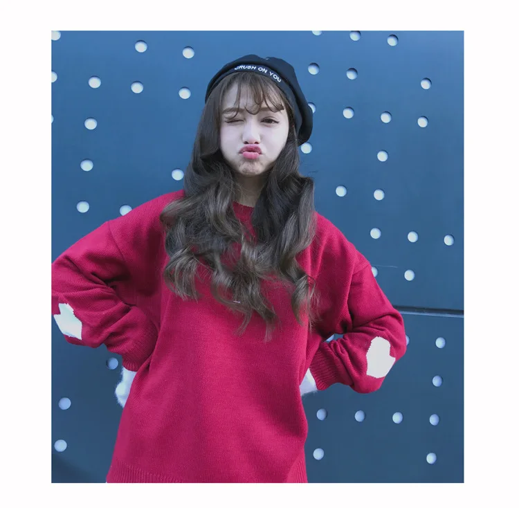Осень корейский Зимний ulzzang Модный пуловер в форме сердца круглый вырез свободный свитер в повседневном стиле шикарный Harajuku японский женский свитер