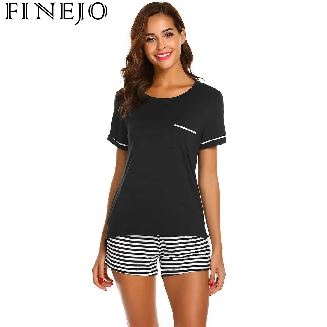Set Front Shorts Striped Pajama Sleeve Casual Pockets Women Short O-Neck | Женская одежда