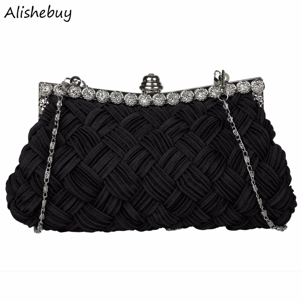 

New Wedding Womens Evening Bag Rhinestone Handbag Kniting Wallets Shoulder Bag Crystal Black Red Clutch Bag with Chain SV013130
