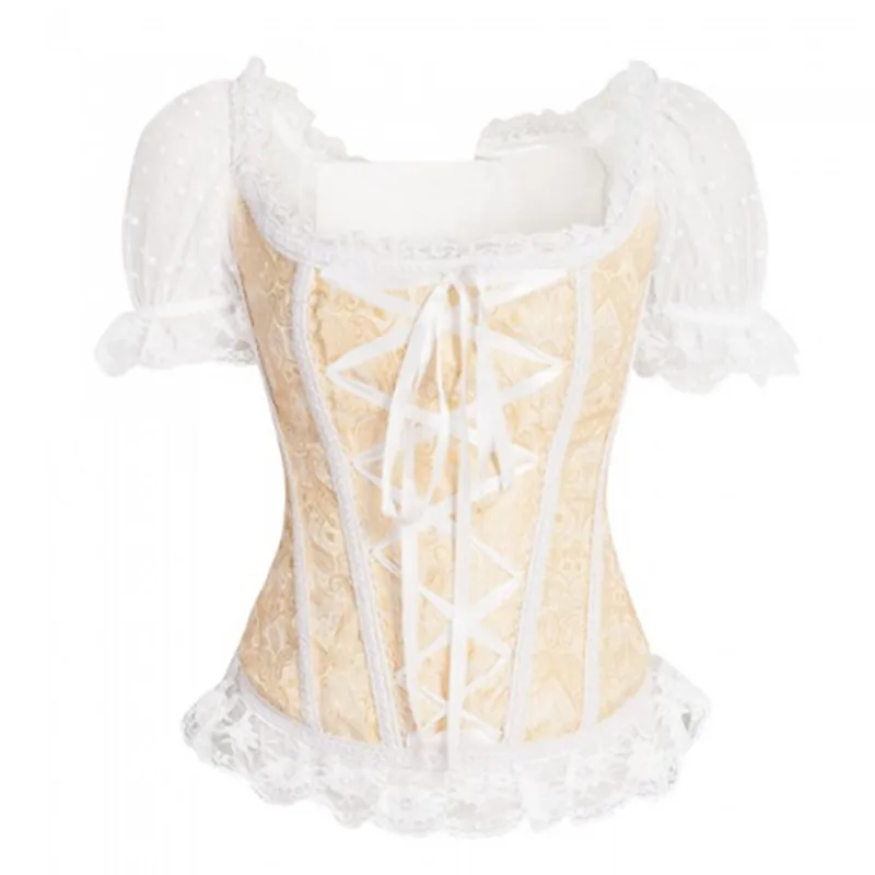 Floral Polka Dots Tapestry Brocade Corset Top Mesh Lace Sleeves Corset