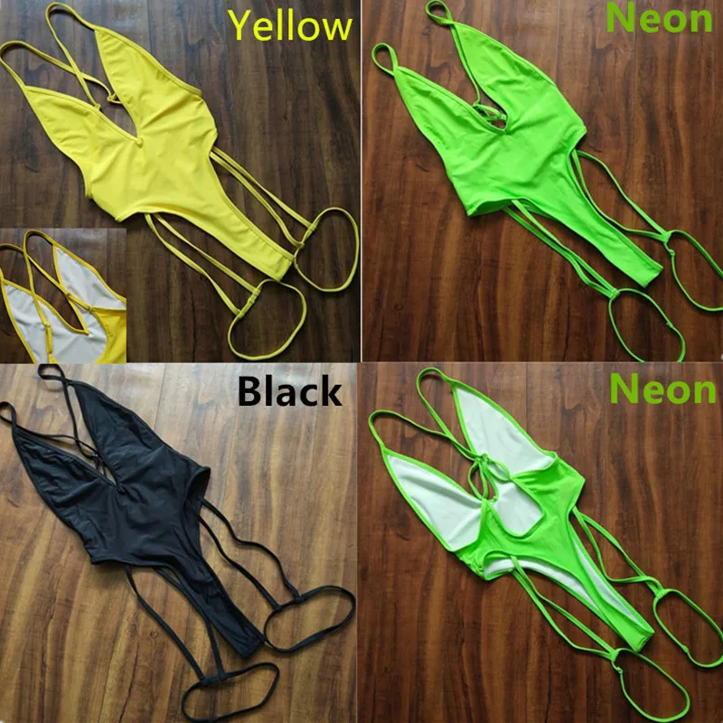 Sexy Thong Swimsuit One Piece Swimwear Women Tanga Bathing Suits Mujer Neon High Leg Badpak Swim Yellow Black Green