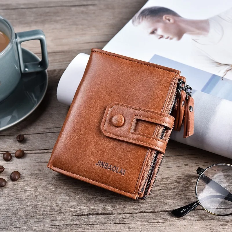 Tri-bifold Wallet Purse PU Leather Men's Wallet Hasp Design Small Mens Wallets With Zipper Coin Poc