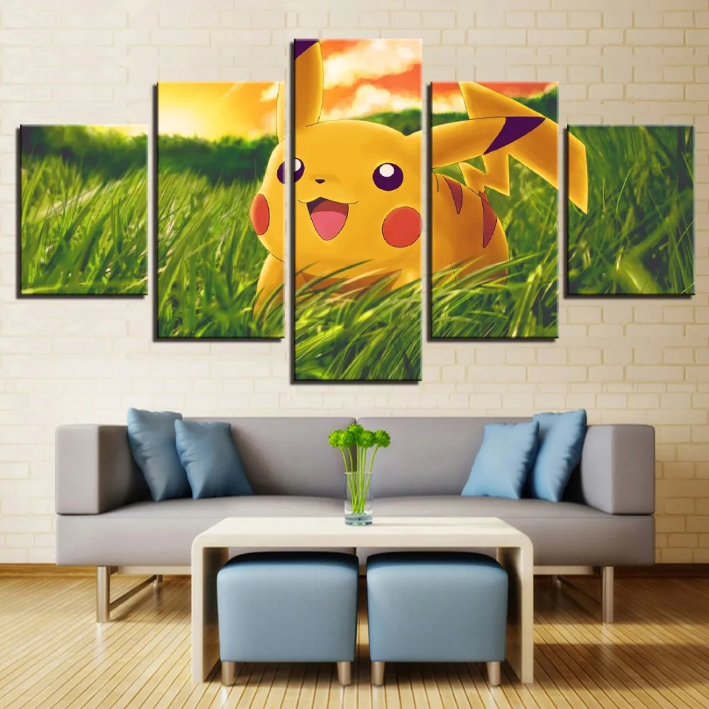 

Frame Pictures Prints Wall Artworks 5 Pieces Cute Pokemon Pikachu Canvas Painting Modular Cartoon Poster Modern Decor Kids Room