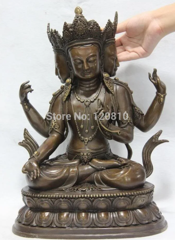 

16 Tibet Bronze Copper Three Face Head Kwan Yin Four-armed Avalokitesvara Buddha