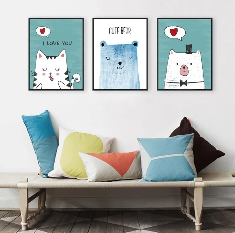 Nordic Style Kids Room Decor Cute Cartoon Animal Canvas Art Painting