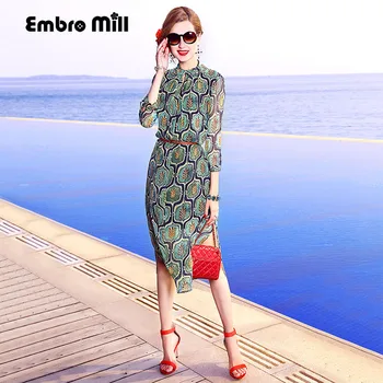 

Embro Mill Dress elegant lady casual fashion print floral lady loose plus size women summer green silk holiday beach dress S-3XL