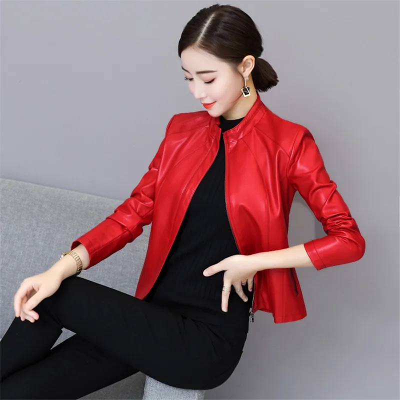 Новые весенние кожаные мотоциклетная куртка женская короткая верхняя одежда корейские узкие стоячим воротником Большой размер 5XL дубленка NO740