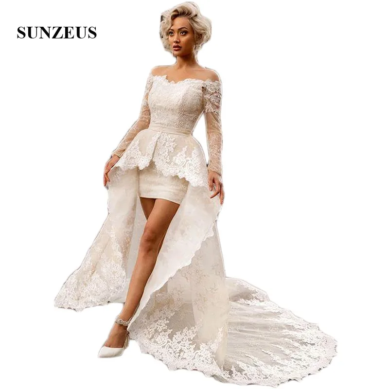 

Above Knee Mini Sheath Wedding Dresses with Removable Court Train Sexy Bridal Wedding Gowns Off the Shoulder Long Sleeve SW05